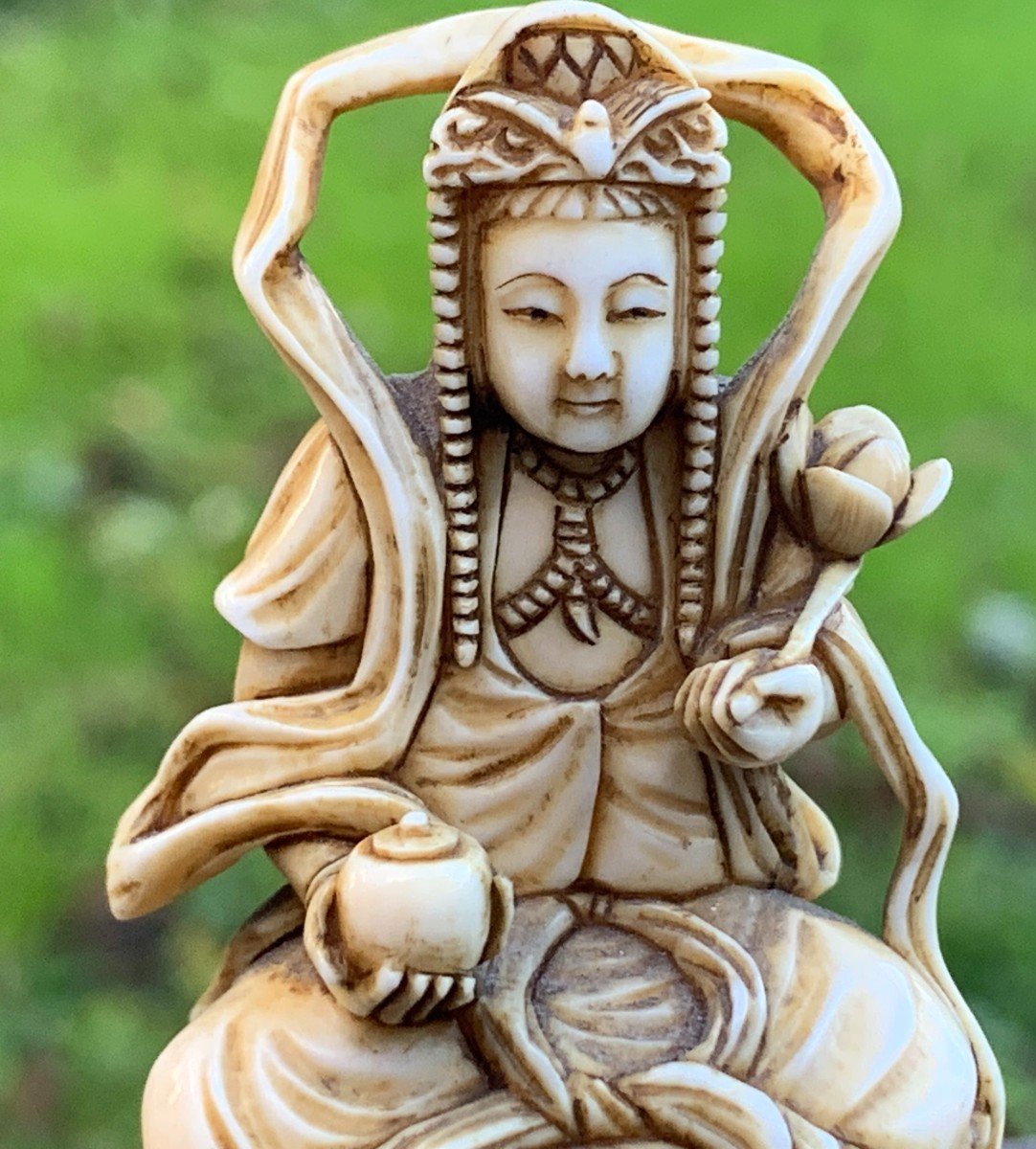 Japon XIXe s, Superbe Statuette Guanyin ivoire sculpté, signée-photo-3