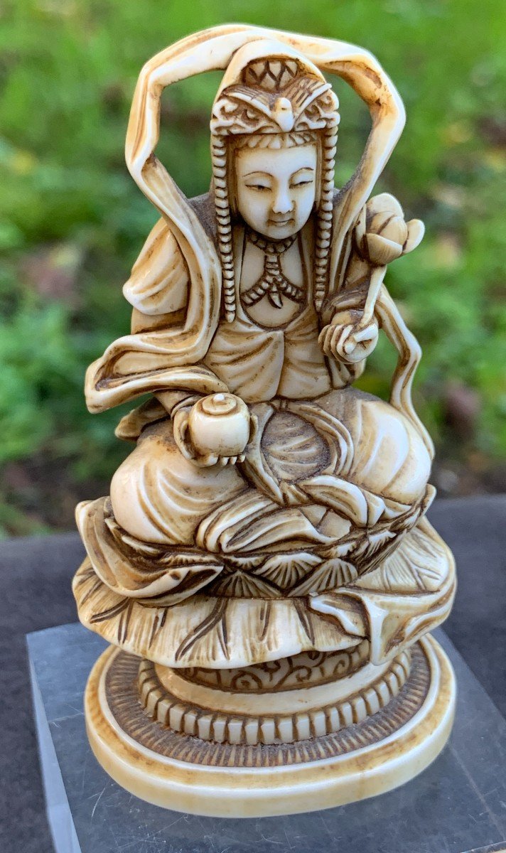 Japon XIXe s, Superbe Statuette Guanyin ivoire sculpté, signée-photo-7