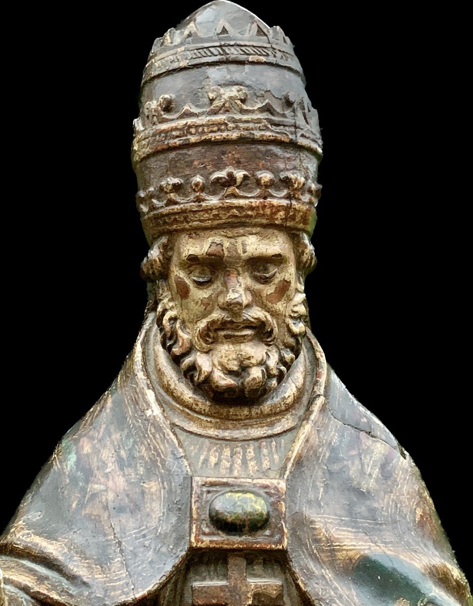 Spain 17th Cty, Large Pained & Gild Wooden Carved Saint Bishop Statue-photo-2