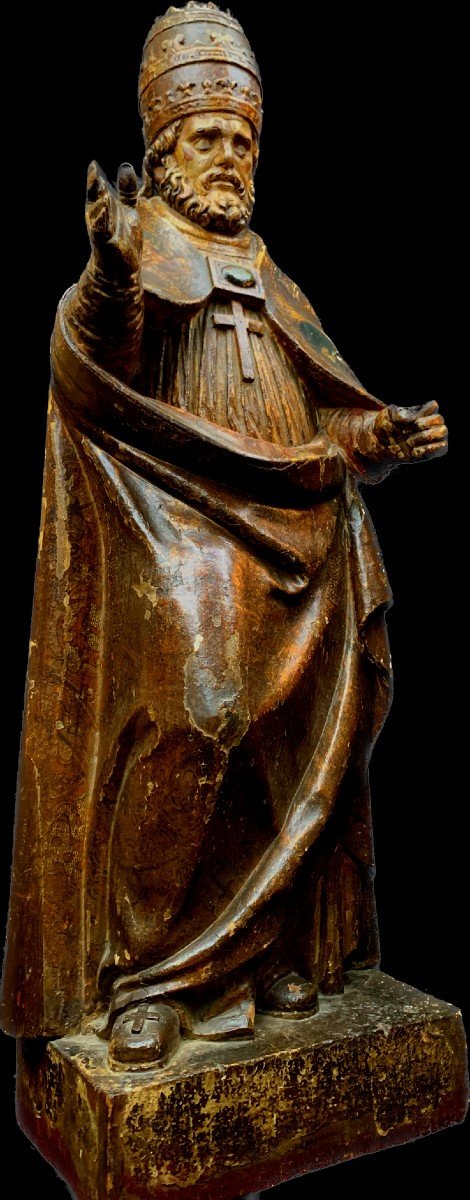 Spain 17th Cty, Large Pained & Gild Wooden Carved Saint Bishop Statue