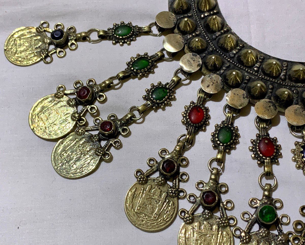 Superbe collier métal argenté & cabochons verre/pierres polies Kuchi, Pakistan ou Afghanistan-photo-4