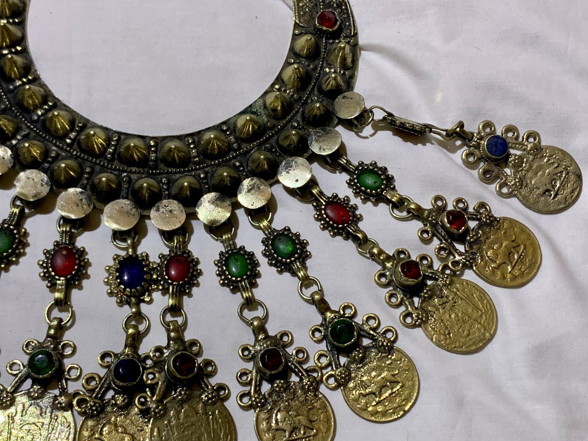 Superbe collier métal argenté & cabochons verre/pierres polies Kuchi, Pakistan ou Afghanistan-photo-5