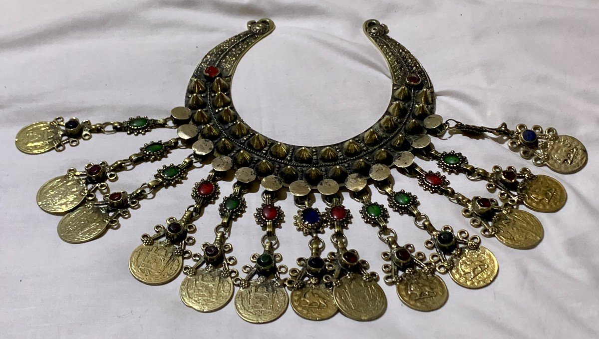 Superbe collier métal argenté & cabochons verre/pierres polies Kuchi, Pakistan ou Afghanistan-photo-6