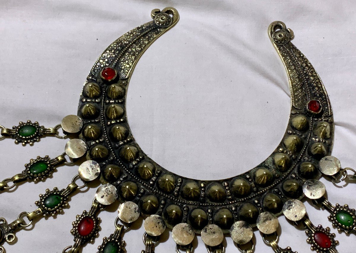 Superbe collier métal argenté & cabochons verre/pierres polies Kuchi, Pakistan ou Afghanistan-photo-7