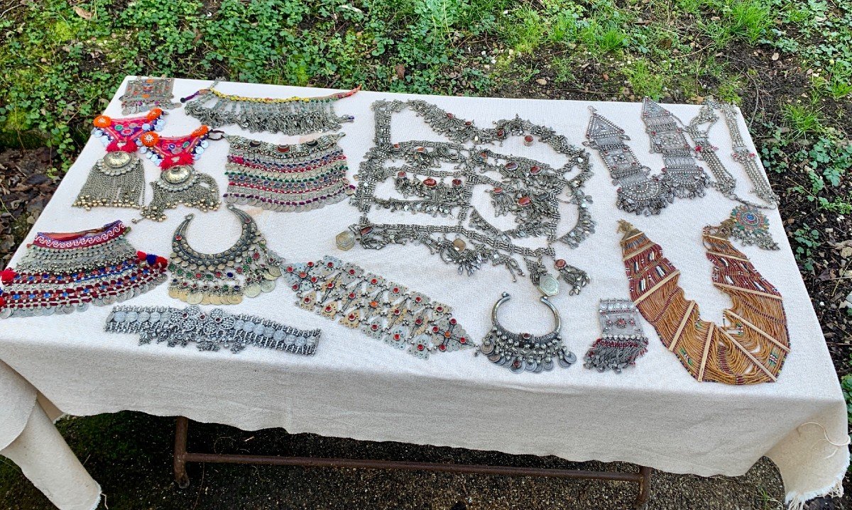 Superbe collier métal argenté & cabochons verre/pierres polies Kuchi, Pakistan ou Afghanistan-photo-8