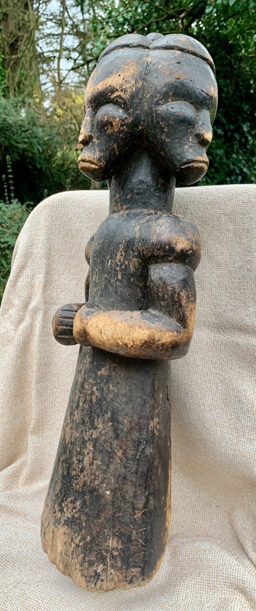 Hieratic Three-headed Reliquary Fang Biery Wooden Carved Statue , Gabon, Mid-20th Cty-photo-1