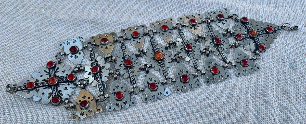 Turkmen Openwork Belt, Necklace Or Diadem, Silver & Vermeil, Carnelian Cabochons -photo-2