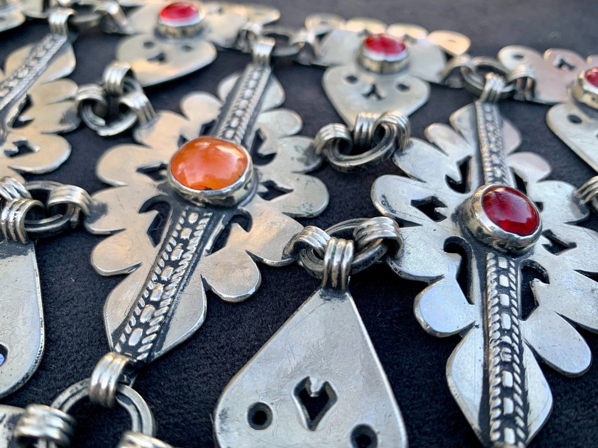 Turkmen Openwork Belt, Necklace Or Diadem, Silver & Vermeil, Carnelian Cabochons -photo-4