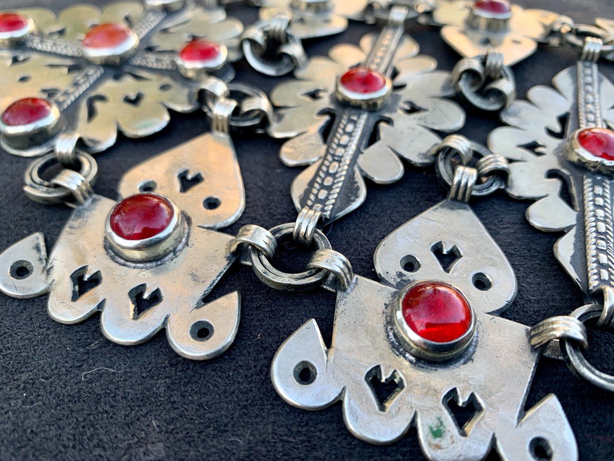 Ceinture, collier ou diadème ajouré TURKMEN, argent et vermeil, cabochons cornaline -photo-4