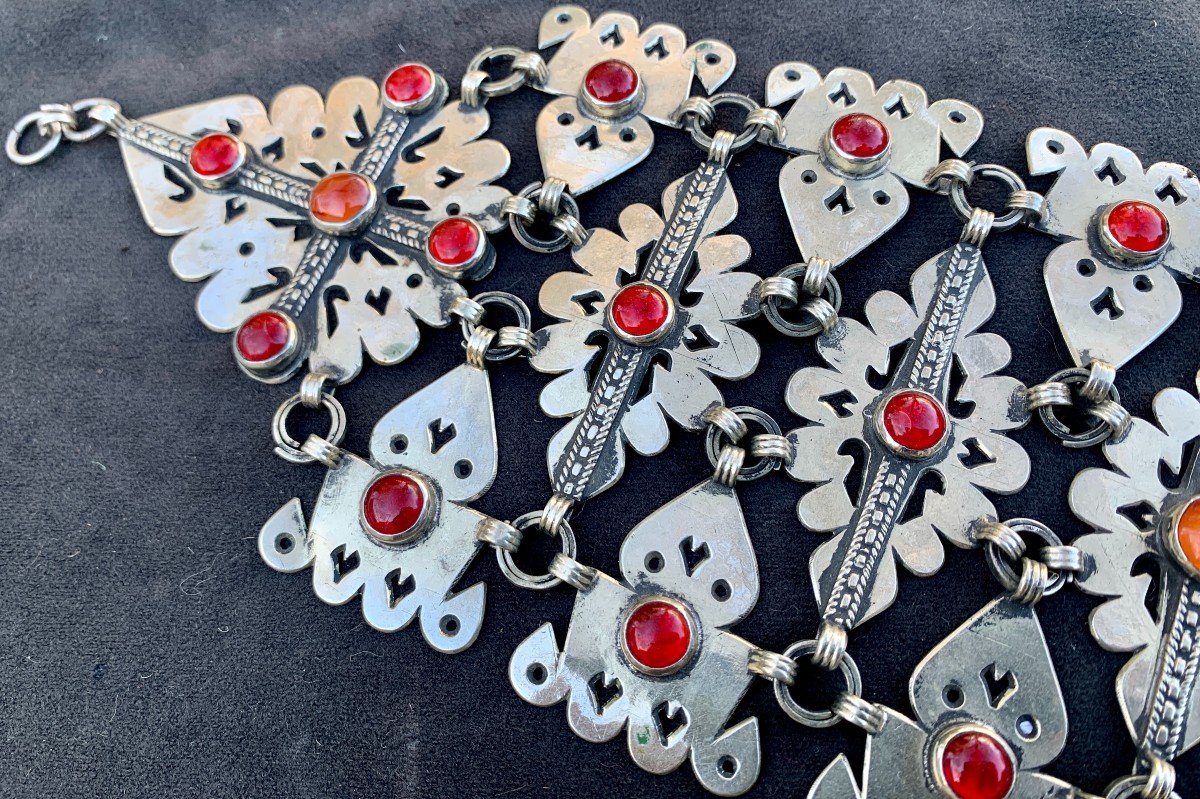 Turkmen Openwork Belt, Necklace Or Diadem, Silver & Vermeil, Carnelian Cabochons -photo-7