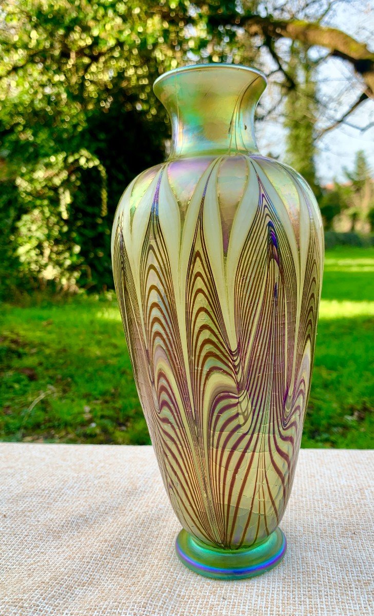 Superb Art Nouveau Iridescent Glass Vase, Satavo Glass Workshop, Tiffany Follower-photo-3