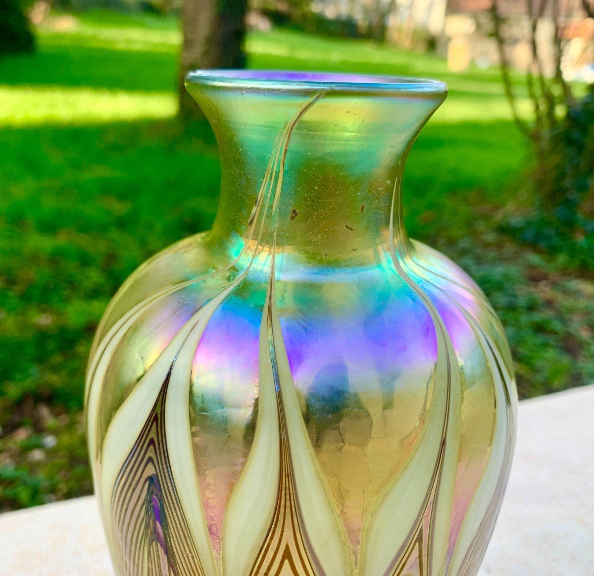 Superb Art Nouveau Iridescent Glass Vase, Satavo Glass Workshop, Tiffany Follower-photo-4