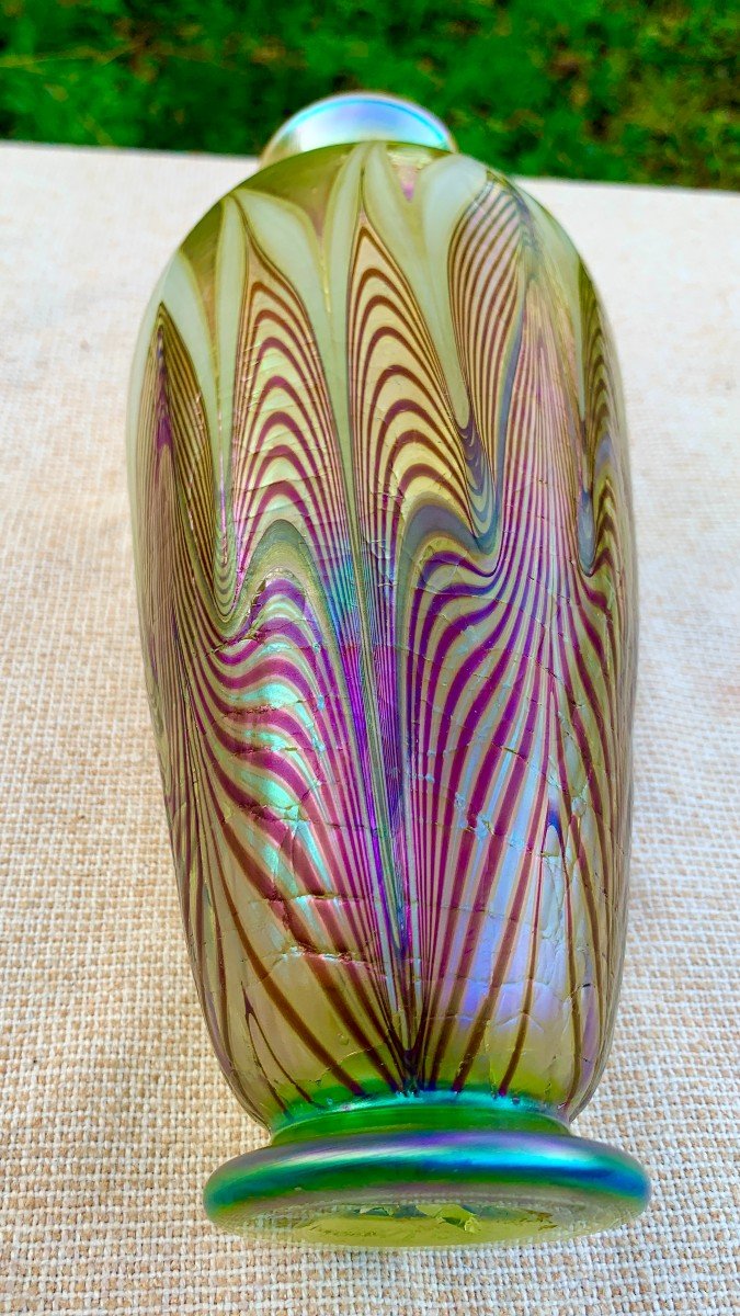  Vase en verre irisé style Art Nouveau, suiveur Tiffany-photo-1