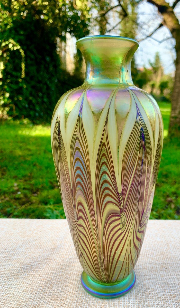 Superb Art Nouveau Iridescent Glass Vase, Satavo Glass Workshop, Tiffany Follower-photo-2