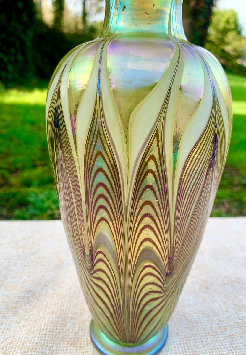 Superb Art Nouveau Iridescent Glass Vase, Satavo Glass Workshop, Tiffany Follower-photo-5