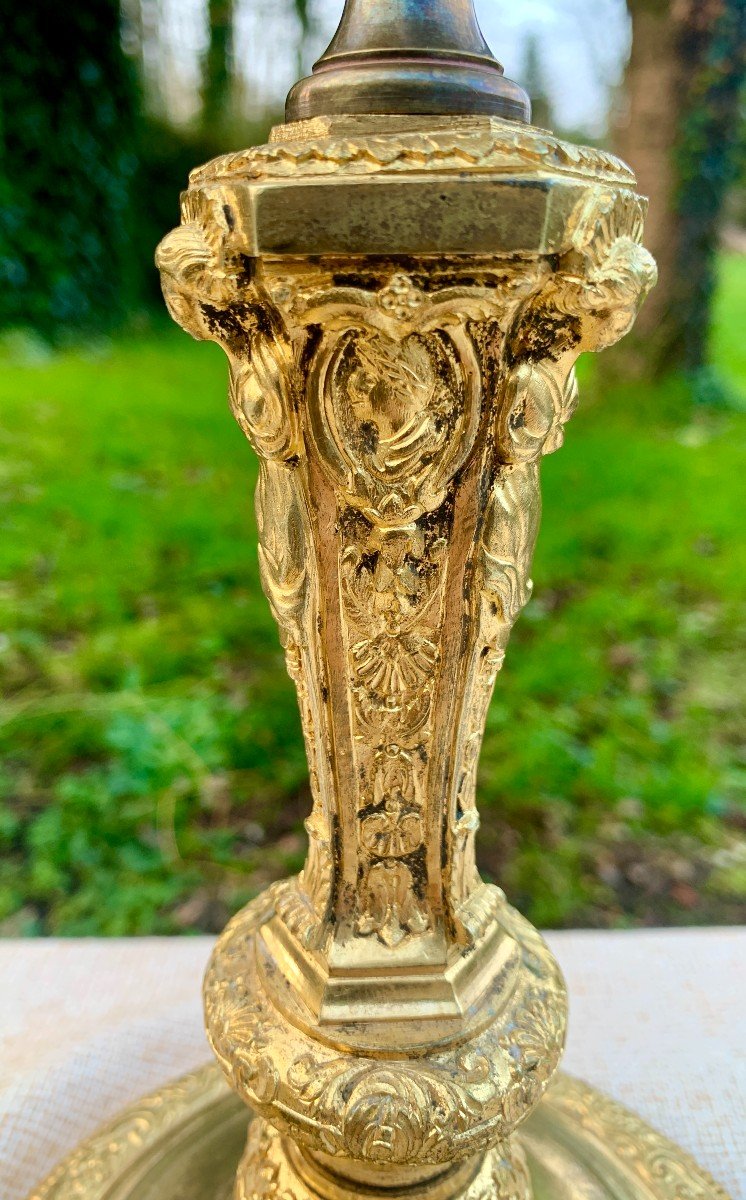 Superbe paire bougeoirs bronze doré Régence cariatides profils antiques -photo-4