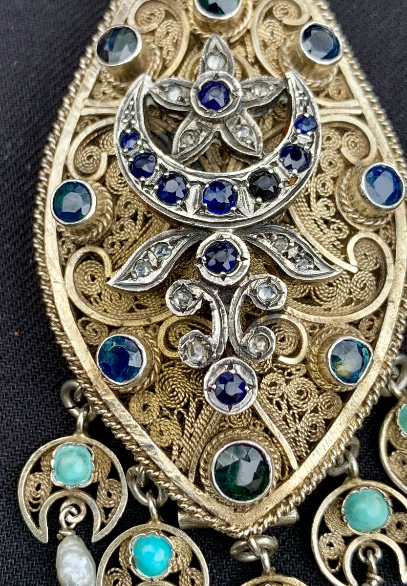 Meskia 19th Algerian Pendant, Vermeil Filigree & Gems (diamonds, Emeralds, Sapphires)-photo-3