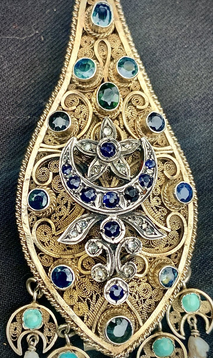 Meskia 19th Algerian Pendant, Vermeil Filigree & Gems (diamonds, Emeralds, Sapphires)-photo-4