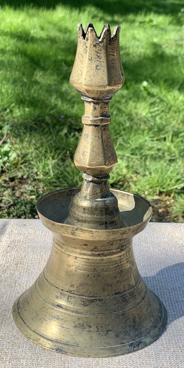 Ottoman 17th Cty Bronze Candlestick, Bell Base & Tulip-shaped Socket