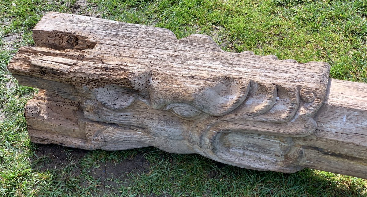 Set Of 2 Long Oak Carved Beams With Numbing / Dragons Or Fantastic Animals Heads, Late Medieval Early Renaissance-photo-3