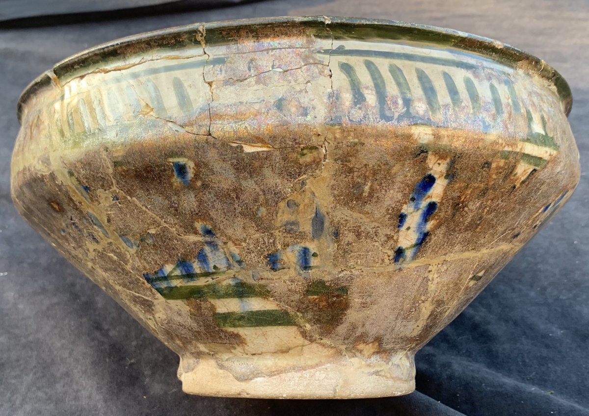 Large Sultanabad Ceramic Cup, XIIIth-xivth Cty, 2 Bird Radian Design With Gild Iridescent-photo-4