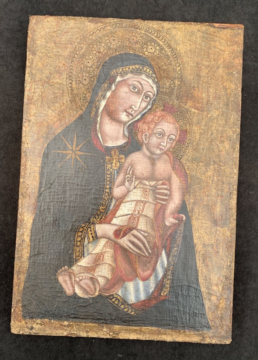 Peinture primitive italienne vierge à l'enfant fond or HST marouflée sur panneau Venise XIIIe s