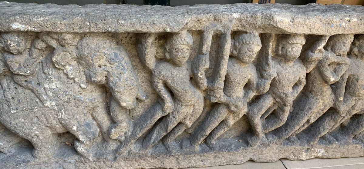 Fragmentary  Carved Stone Frieze Panel, Battle Scene Krishna Elephant Xth-photo-2