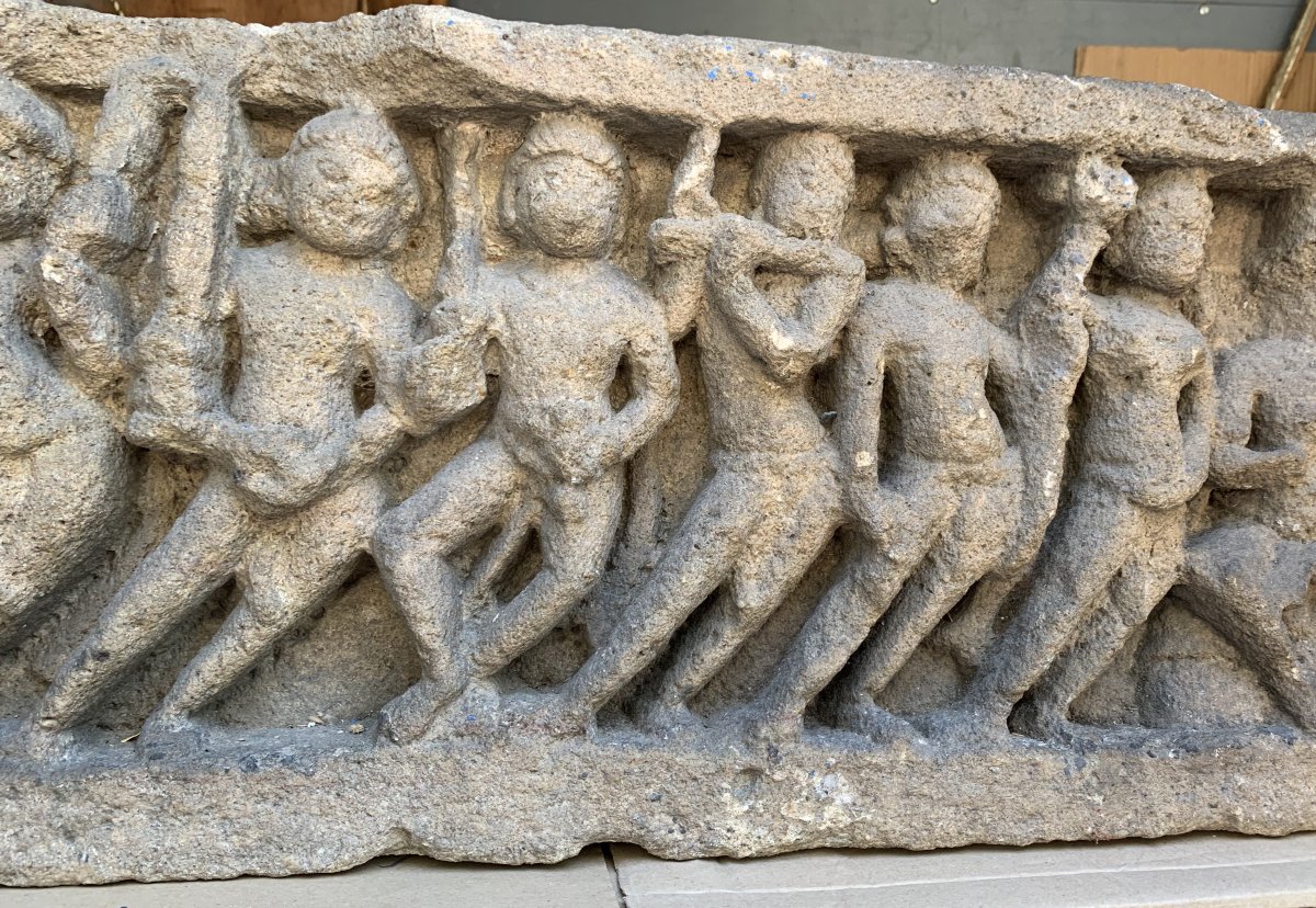 Fragmentary  Carved Stone Frieze Panel, Battle Scene Krishna Elephant Xth-photo-4