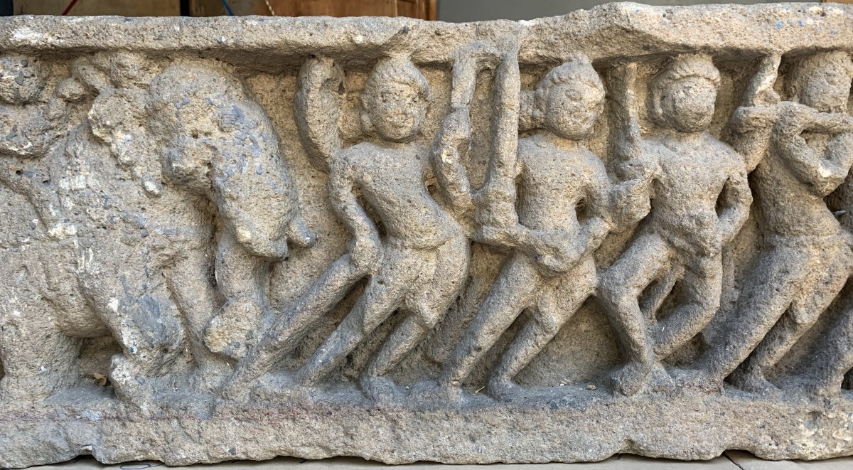 Fragmentary  Carved Stone Frieze Panel, Battle Scene Krishna Elephant Xth-photo-5