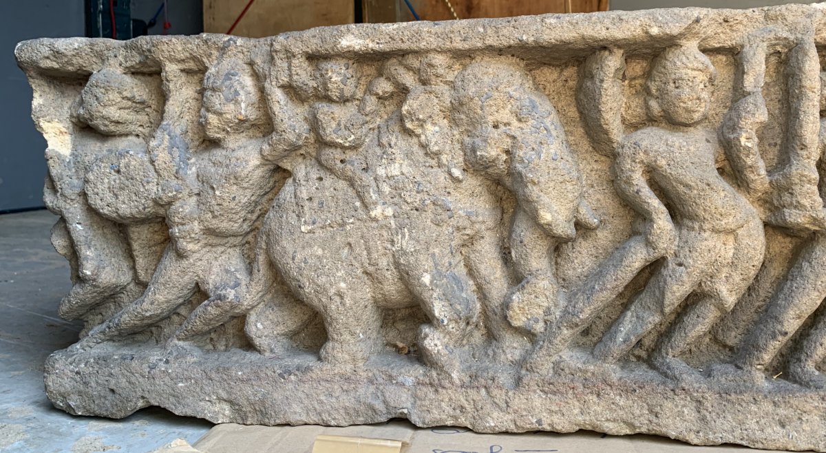 Fragmentary  Carved Stone Frieze Panel, Battle Scene Krishna Elephant Xth-photo-6