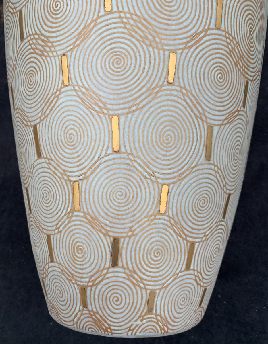 Large Art Deco Cracked Ceramic Vase With Spirales & Gildings-photo-3