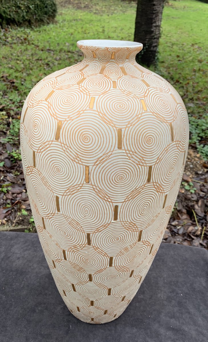 Large Art Deco Cracked Ceramic Vase With Spirales & Gildings-photo-4