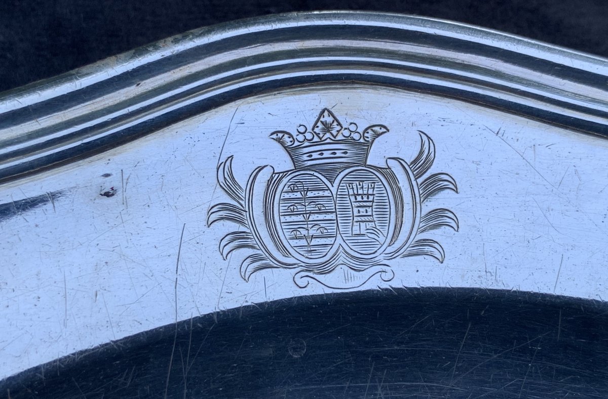 Solid Silver Small Dish Or Large Plate, Grenoble Circa 1760 Coat Of Arms-photo-2