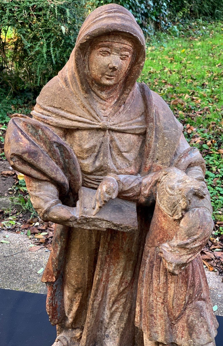 17th Century Large Stone Carved Statue Of Ste Anne Learning To Read To The Virgin -photo-3