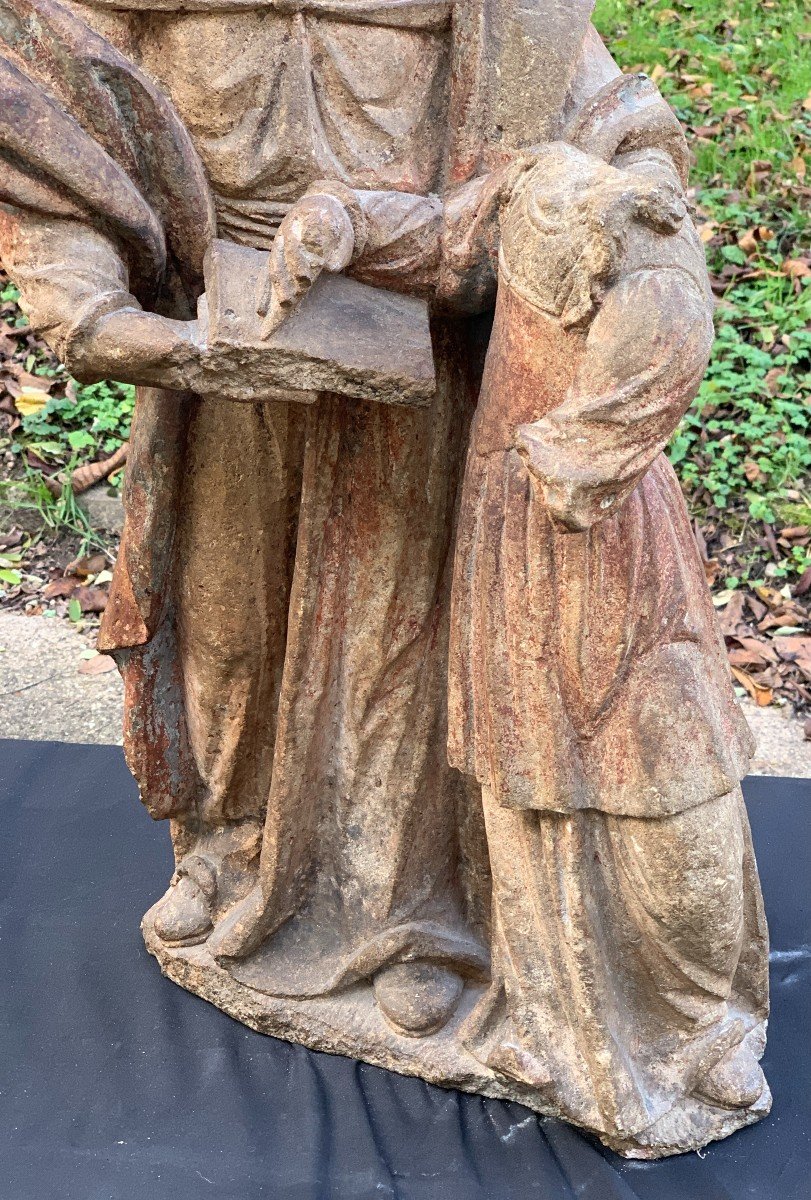 17th Century Large Stone Carved Statue Of Ste Anne Learning To Read To The Virgin -photo-3