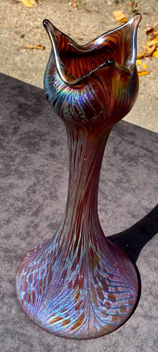 Art Nouveau Iridescent Glass Vase, Tiffany Style-photo-3