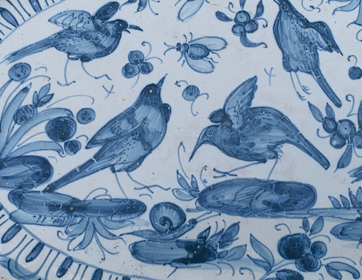 17th Century Deruta  Large Oval Ceramic Dish With Birds & Flowers-photo-3