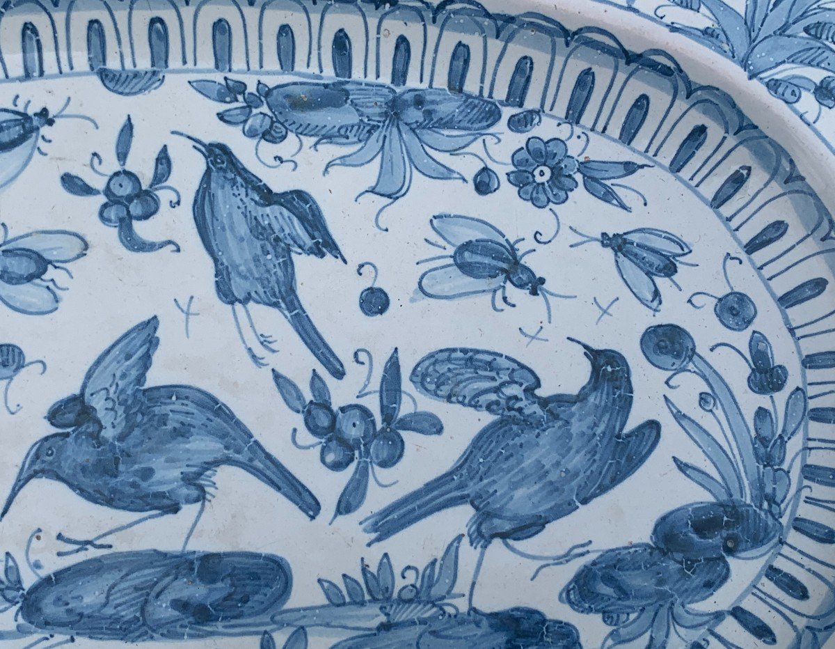 17th Century Deruta  Large Oval Ceramic Dish With Birds & Flowers-photo-2