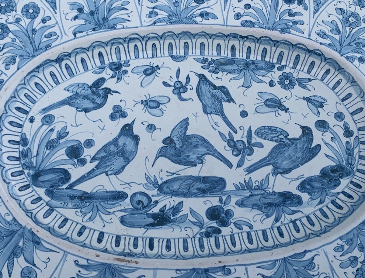 17th Century Deruta  Large Oval Ceramic Dish With Birds & Flowers-photo-5