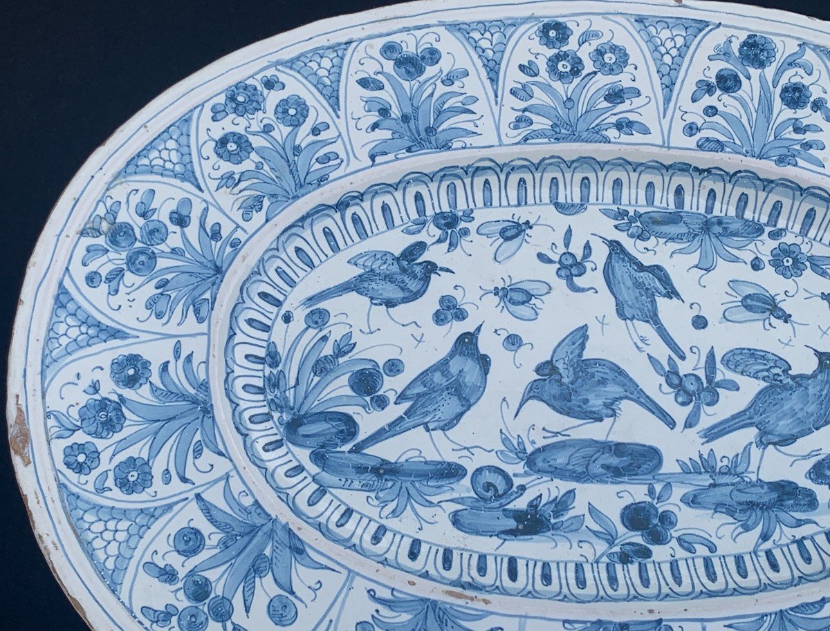 17th Century Deruta  Large Oval Ceramic Dish With Birds & Flowers-photo-6