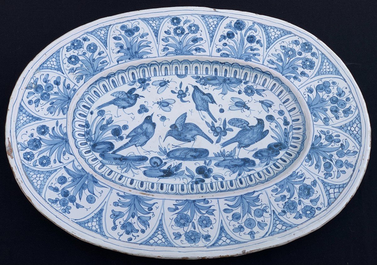 17th Century Deruta  Large Oval Ceramic Dish With Birds & Flowers-photo-7