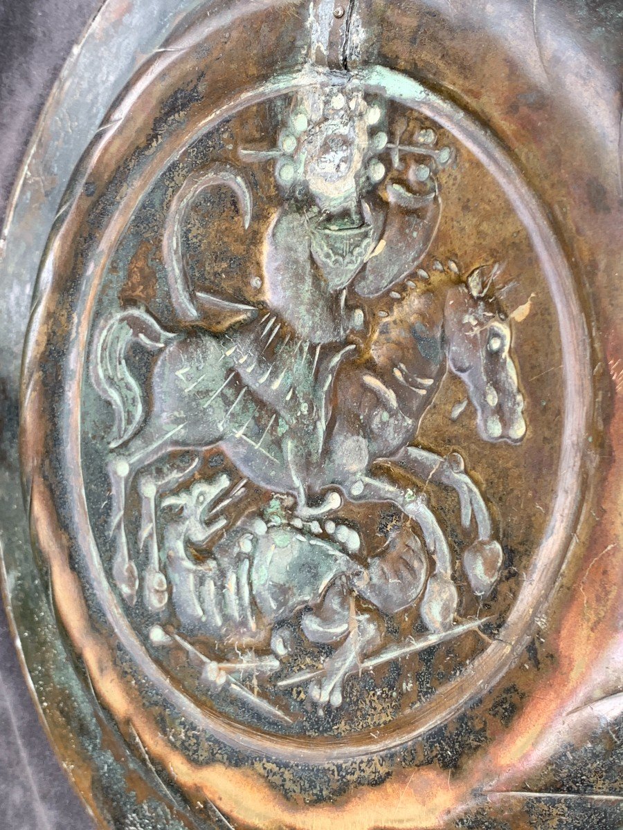 16th  Embossed And Chiseled Brass Alm Dish, St George Slaying The Dragon-photo-2