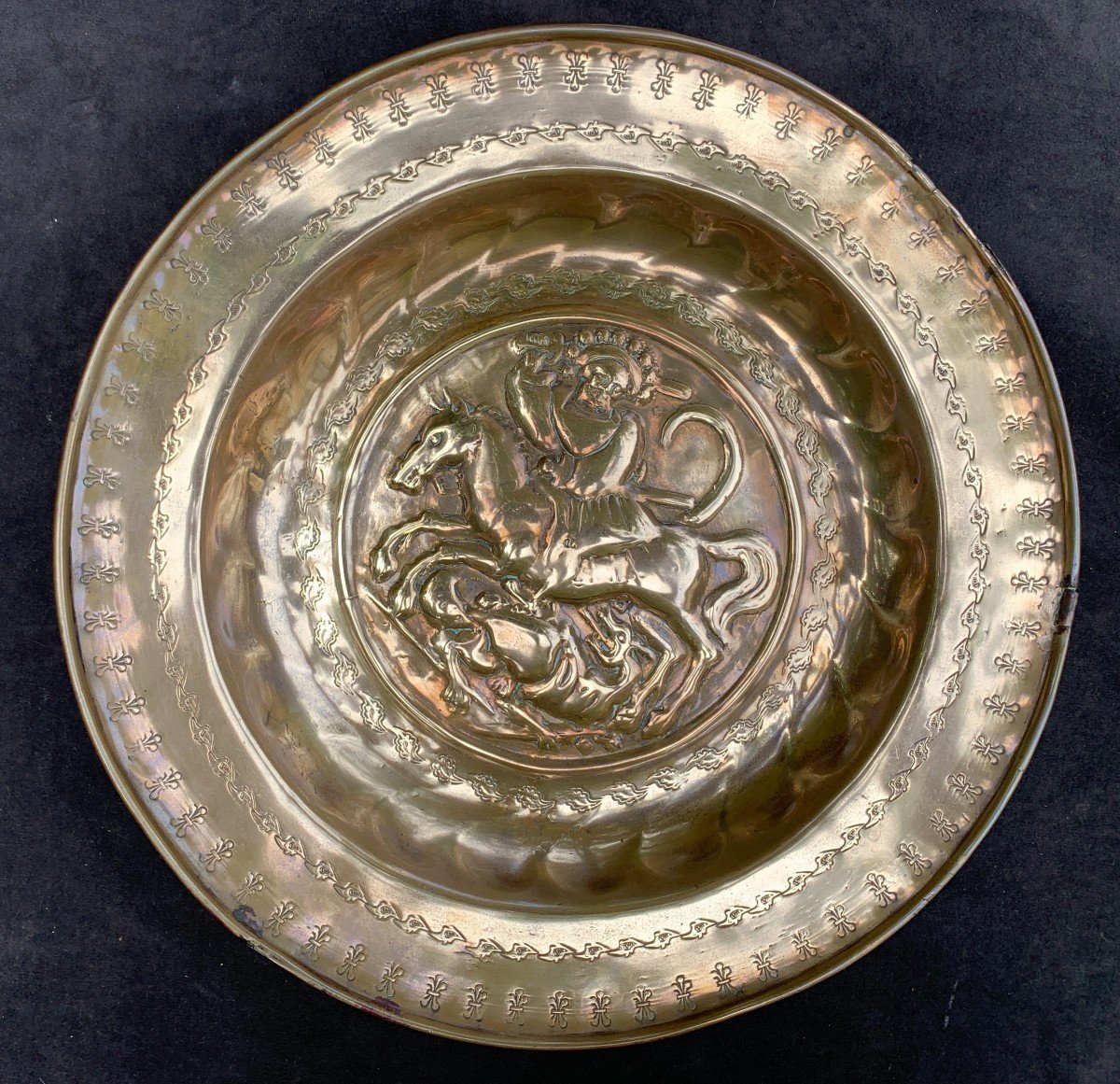 16th  Embossed And Chiseled Brass Alm Dish, St George Slaying The Dragon