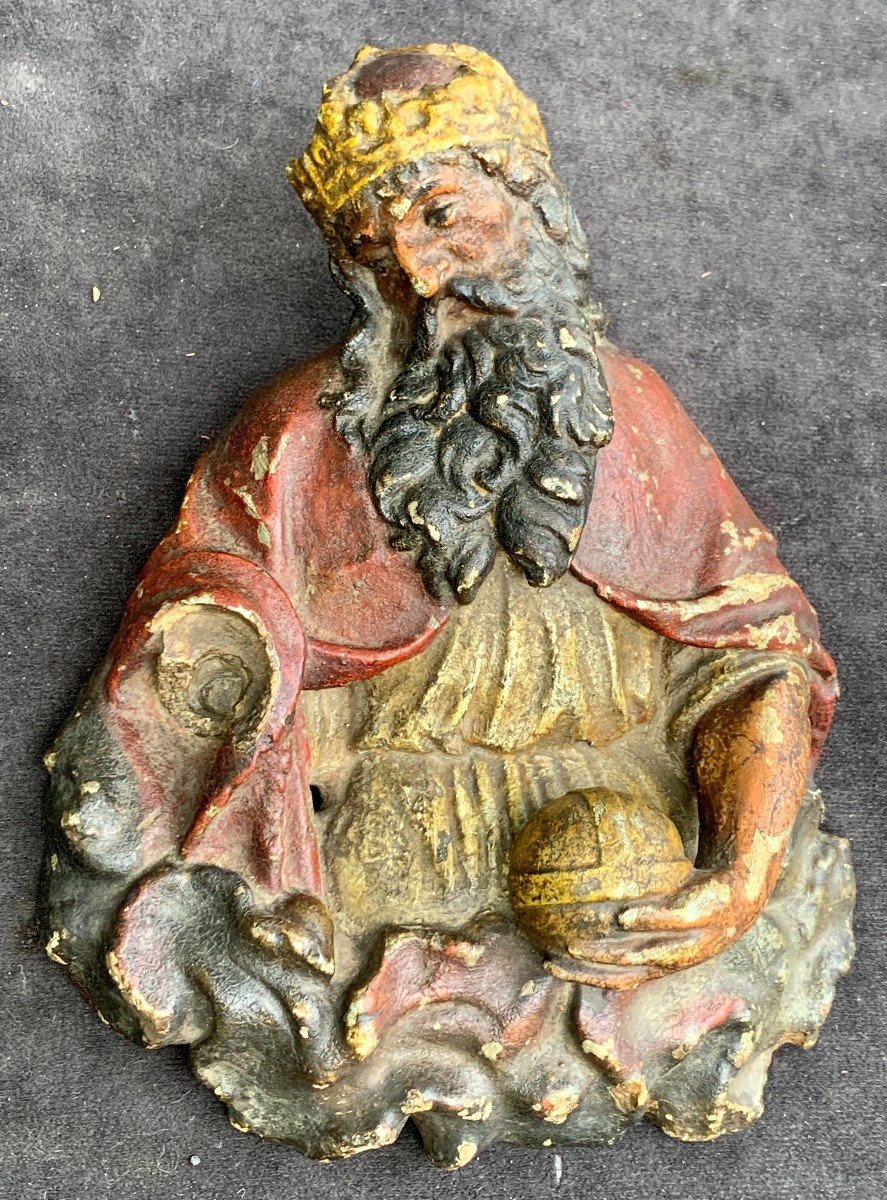 16th Stone Carved Painted Bas-relief Panel Wall Statue God The Father Holding World-photo-1