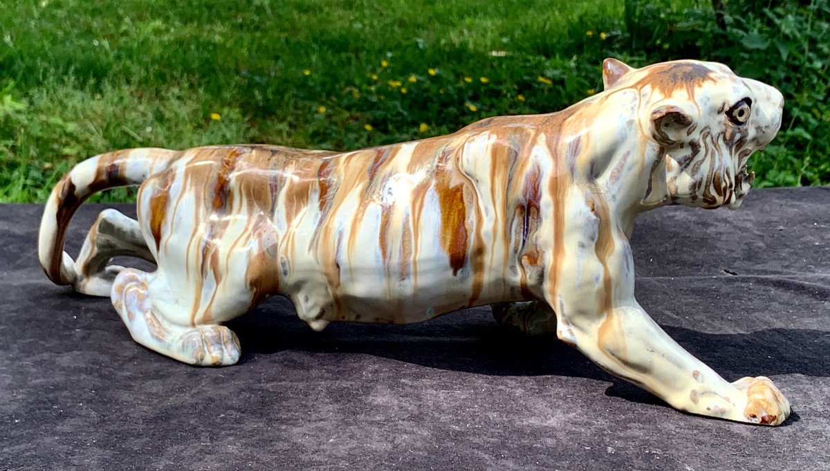 Flamed Sandstone Rambervillers Wounded Tiger Sculpture With Sulfide Eyes, 1920-photo-2