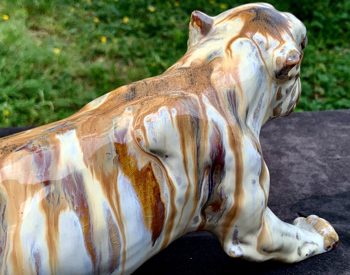 Flamed Sandstone Rambervillers Wounded Tiger Sculpture With Sulfide Eyes, 1920-photo-2