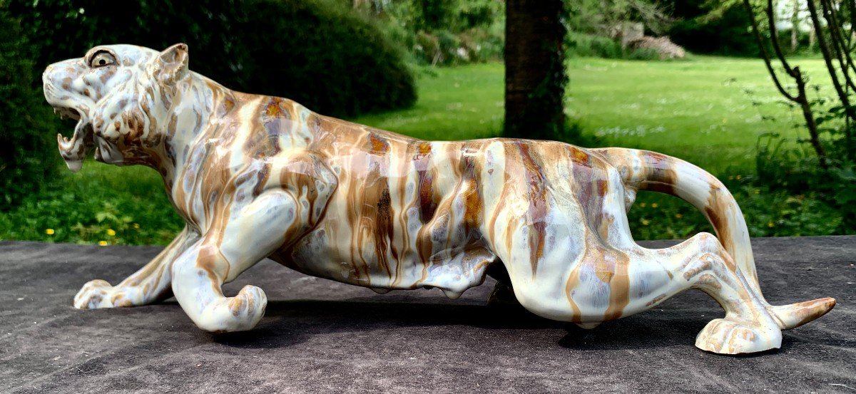 Flamed Sandstone Rambervillers Wounded Tiger Sculpture With Sulfide Eyes, 1920