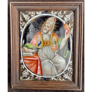 Early 18th, Enemail On Copper Plaque, Depicting Saint Augustine , 2 Miniature Portraits On Its Stole