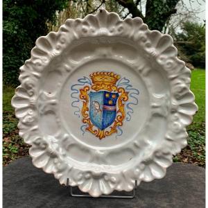 17th, Large Faenza (italy)  Ceramic Crespina Plate, Coat Of Arms From Noble Family Of Turin