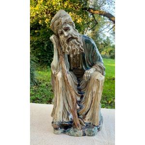 Important Statuary Sculpture Of Old Man With Turban & Walking Stick, Abraham ?